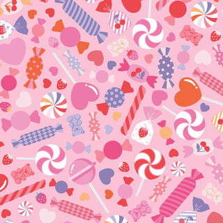 A seamless pattern of colorful candies, lollipops, and hearts on pink—perfect for quilting with Kimberbell Maywood Studios Sweet Shoppe Candy Salad Pink MAS11022-P fabric yardage by Maywood Studios.