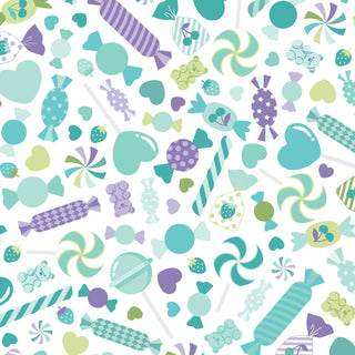 Kimberbell Maywood Studios Sweet Shoppe Candy Salad White MAS11022-W Fabric Yardage features teal, green, and purple candy and lollipop designs on white—ideal for candy-themed quilting or Sweet Shoppe projects by Maywood Studios.