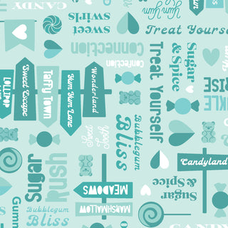 Kimberbell Maywood Studios Sweet Shoppe Sweet Streets Blue MAS11023-B fabric features candy-themed words, icons, and directional signs in playful fonts on light teal. Ideal for quilting or crafts. Words: "Treat Yourself," "Sugar Rush," and "Candyland.