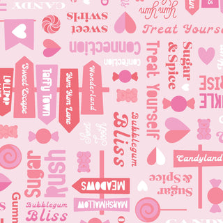 Kimberbell Maywood Studios Sweet Shoppe Sweet Streets Pink MAS11023-P features candy-themed words and icons in pink and white on light pink—ideal for quilting, crafts, or any sweet fabric project. Brand: Maywood Studios.