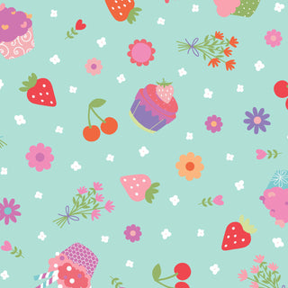 Kimberbell Maywood Studios Sweet Shoppe Cupcakes Blue MAS11024-B features cupcakes, strawberries, cherries, flowers, and bouquets on light blue 100% cotton—ideal for candy-themed quilts or Sweet Shoppe projects. Brand: Maywood Studios.