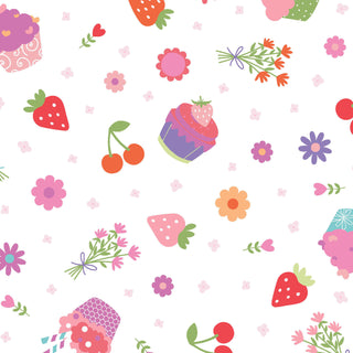 Colorful cupcakes, cherries, strawberries, and flowers form a seamless pattern on white in Maywood Studios Kimberbell Sweet Shoppe Cupcakes White MAS11024-W fabric—perfect for candy-inspired quilting or sewing projects.