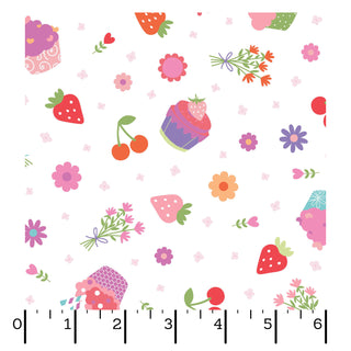 Kimberbell Maywood Studios Sweet Shoppe Cupcakes White MAS11024-W fabric by Maywood Studios features strawberries, cherries, cupcakes, flowers, pink blossoms, and a black inch ruler—perfect quilting cotton for fun projects.