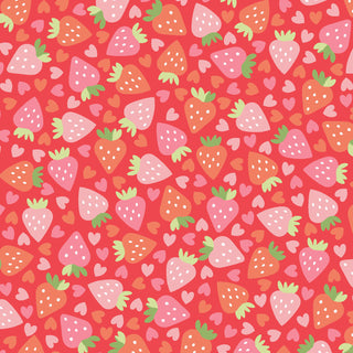 Kimberbell Maywood Studios Sweet Shoppe Strawberries and Hearts Red MAS11025-R Fabric features pink and red strawberries, green leaves, and candy-like hearts on a red 100% cotton background—ideal for sweet quilting projects.