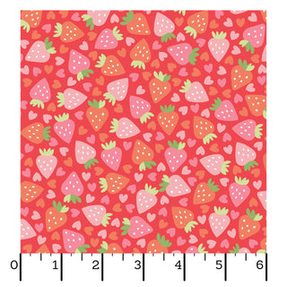 Kimberbell Maywood Studios Sweet Shoppe Strawberries and Hearts Red MAS11025-R is a 100% cotton fabric featuring pink/red strawberries and hearts on red. Yardage shown with an inch ruler along the bottom and left edges. Brand: Maywood Studios.