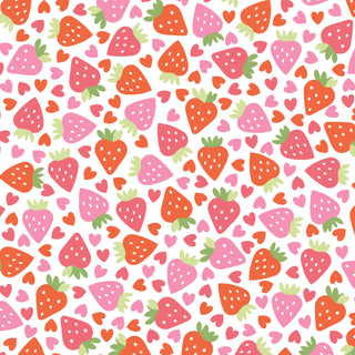 Kimberbell Maywood Studios Sweet Shoppe Strawberries and Hearts White MAS11025-W features red and pink strawberries with hearts on white—perfect cotton fabric for candy-inspired quilting projects from Maywood Studios.