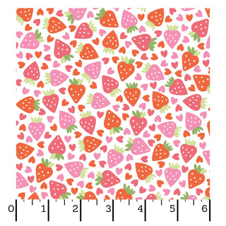 Kimberbell Maywood Studios Sweet Shoppe Strawberries and Hearts White MAS11025-W Fabric Yardage features red and pink strawberries with red hearts on white. Ideal for quilting cotton projects, this fabric is part of the Sweet Shoppe collection by Maywood Studios.