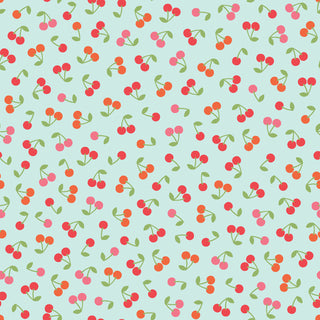 Kimberbell Maywood Studios Sweet Shoppe Cherries Blue MAS11026-B features red and pink cherries with green stems on light blue, perfect for quilting cotton and candy-inspired fabric projects.