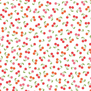 Kimberbell Maywood Studios Sweet Shoppe Cherries White MAS11026-W fabric features red, pink, and orange cherries with green stems on white—candy-inspired and perfect quilting cotton for your next project.