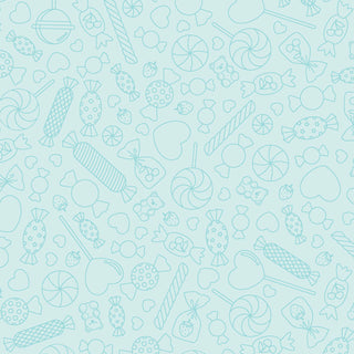 Light blue fabric yardage from Maywood Studios' Kimberbell Sweet Shoppe collection (Candy Lines Blue MAS11027-B) features outlined candies, lollipops, hearts, and wrapped sweets—ideal for candy-themed quilting or sewing projects.