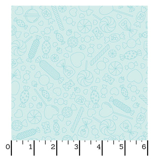 Kimberbell Maywood Studios Sweet Shoppe Candy Lines Blue MAS11027-B quilting cotton by Maywood Studios, features outlined candies, lollipops, and sweets on light blue; ruler on edges shows scale in inches.