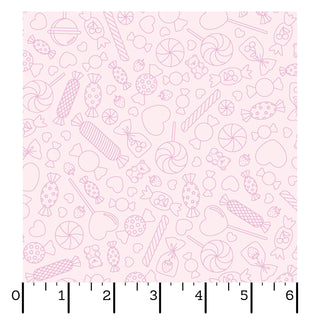 Kimberbell Maywood Studios Sweet Shoppe Candy Lines Pink MAS11027-P fabric features light pink quilting cotton with outlined candies—lollipops, wrapped sweets, and hearts—ideal for Sweet Shoppe projects. Black ruler edges show inches.