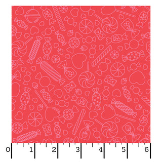 Kimberbell Maywood Studios Sweet Shoppe Candy Lines Red MAS11027-R features red quilting cotton with white outlined candy, lollipops, and hearts. A ruler along the bottom shows inches 0 to 6 for scale. Brand: Maywood Studios.