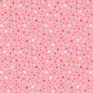Kimberbell Maywood Studios Sweet Shoppe Hearts Pink MAS11028-P features scattered small hearts and dots in red, pink, purple, and white—ideal quilting cotton for adding a sweet touch to your projects. Brand: Maywood Studios.