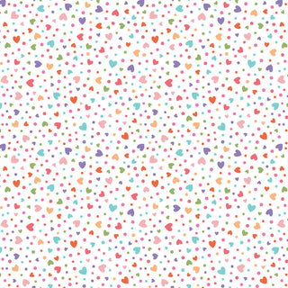 Kimberbell Maywood Studios Sweet Shoppe Hearts Multi MAS11028-Z Fabric features a seamless pattern of multicolored hearts and dots on white—perfect for quilting or candy-themed projects. Brand: Maywood Studios.
