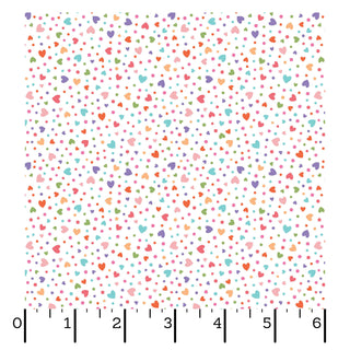 Kimberbell Maywood Studios Sweet Shoppe Hearts Multi MAS11028-Z is a white quilting cotton with small, multicolored hearts and inch rulers on two edges—ideal for candy-themed projects by Maywood Studios.