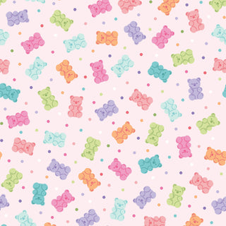 Colorful gummy bears and pastel polka dots on light pink make the Kimberbell Maywood Studios Sweet Shoppe Gummy Bears Pink MAS11029-P Fabric perfect for candy-themed quilting.