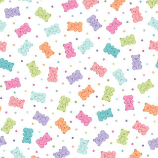 Kimberbell Maywood Studios Sweet Shoppe Gummy Bears White MAS11029-W features colorful gummy bear illustrations and polka dots on white—ideal quilting cotton for adding candy-inspired charm to your next project.