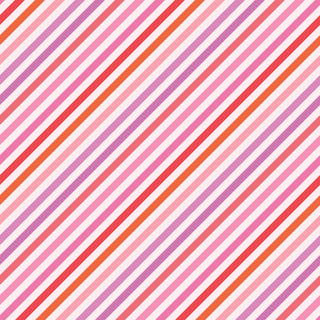 Maywood Studios’ Kimberbell Sweet Shoppe Bias Stripe Pink MAS11030-P fabric features diagonal red, pink, and purple stripes on white for a candy-inspired look, running from top left to bottom right.