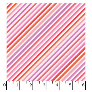 The Maywood Studios Kimberbell Sweet Shoppe Bias Stripe Pink MAS11030-P features diagonal pink, purple, red, and white stripes on a grid with numbered axes—ideal quilting cotton for sweet candy-inspired projects.