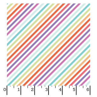 Kimberbell Maywood Studios Sweet Shoppe Bias Stripe Multi MAS11030-Z fabric features diagonal stripes in orange, red, teal, purple, and green on a square grid overlaid atop a ruler marked 0–6 along the bottom edge.