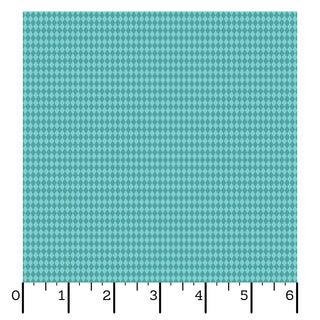 Kimberbell Maywood Studios Sweet Shoppe Diamonds Blue MAS11031-B quilting cotton features a blue diamond pattern, shown with a black ruler along the bottom edge marked in inches from 0 to 6.