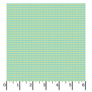 Kimberbell Maywood Studios Sweet Shoppe Diamonds Green MAS11031-G Fabric features a green diamond pattern, shown with an inch ruler from 0 to 6—ideal for quilting cotton projects. Brand: Maywood Studios.