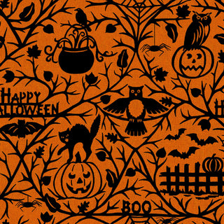 Maywood Studios Pumpkin Grove PUMPKIN GROVE ORANGE/BLACK MAS11180-OJ Fabric Yardage by 47-EE Schenck features an orange background with black Halloween silhouettes, including owls, crows, jack-o’-lanterns, a cat, a cauldron, bats, leaves, and festive text like "Happy Halloween" and "Boo." This charming fabric is sold by the yard with free shipping—perfect for all your spooky season projects!.