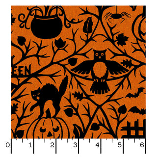 Brighten up your festive projects with the Maywood Studios Pumpkin Grove PUMPKIN GROVE ORANGE/BLACK MAS11180-OJ Fabric Yardage from 47-EE Schenck. This vibrant orange fabric features striking black Halloween-themed silhouettes—including an owl, cat, pumpkin, spider, bats, cauldron, and tree branches—perfect for creating seasonal decor. Sold by the yard with a convenient inch ruler at the bottom for precise measuring. Enjoy free shipping on your order!.