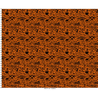 Maywood Studios Pumpkin Grove PUMPKIN GROVE ORANGE/BLACK MAS11180-OJ Fabric Yardage by 47-EE Schenck features vibrant orange fabric with repeating black Halloween-themed patterns—pumpkins, bats, haunted houses, cauldrons, and "Happy Halloween" text—plus a ruler scale along the left edge. Perfect for festive projects, this charming yardage ships free!.