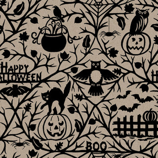 Maywood Studios Pumpkin Grove PUMPKIN GROVE TAN/BLACK MAS11180-TJ Fabric Yardage by 47-EE Schenck features black Halloween-themed silhouettes—including owls, bats, pumpkins, a cat, cauldron, and tree branches—set against a beige background with “Happy Halloween” and “Boo” text. Ideal for festive projects, this fabric is available by the yard with free shipping.