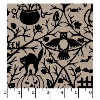Maywood Studios Pumpkin Grove TAN/BLACK MAS11180-TJ Fabric Yardage by 47-EE Schenck features black Halloween silhouettes of an owl, cat, pumpkin, spider, bats, and cauldron on a tan background—creating a delightful design that's perfect for cute fabric projects. Sold by the yard with free shipping available, this fabric also includes a ruler along the bottom edge for easy scale reference.