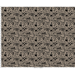 Get into the Halloween spirit with Maywood Studios Pumpkin Grove TAN/BLACK MAS11180-TJ Fabric Yardage by 47-EE Schenck. This fabric features a festive repeating pattern of pumpkins, "Happy Halloween" text, bats, cobwebs, witch hats, and black cats on a tan background accented by thin white grid lines. It's perfect for all your seasonal projects and is available by the yard with free shipping.