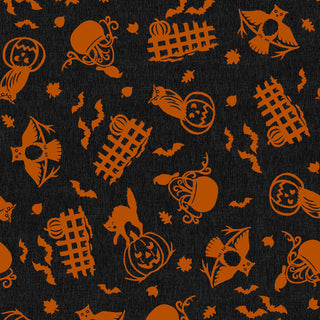 Introducing the Maywood Studios Pumpkin Grove SPOOKY FENCES BLACK/ORANGE MAS11181-JO fabric by 47-EE Schenck—a delightful seamless Halloween pattern with orange pumpkins, bats, cages, cats, and birds on a textured black background. Available by the yard, this fabric is perfect for festive seasonal projects.
