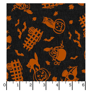 The Maywood Studios Pumpkin Grove SPOOKY FENCES BLACK/ORANGE MAS11181-JO Fabric Yardage by 47-EE Schenck features orange Halloween-themed silhouettes of cats, bats, pumpkins, and cages on a black textured background, displayed with a ruler along the bottom and left edges for scale.