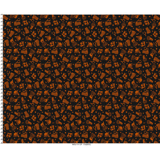 The Maywood Studios Pumpkin Grove SPOOKY FENCES BLACK/ORANGE MAS11181-JO Fabric Yardage by 47-EE Schenck features a playful scattered pattern of orange Halloween icons—pumpkins, ghosts, bats, and candy—set against a black background. This charming fabric is sold by the yard with the width specified at the bottom. Enjoy free shipping on your order!.