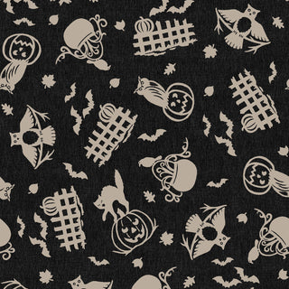 Elevate your next spooky project with the Maywood Studios Pumpkin Grove SPOOKY FENCES BLACK/TAN MAS11181-JT Fabric Yardage by 47-EE Schenck. Featuring a seamless Halloween pattern of bats, cats, crows, jack-o'-lanterns, tree branches, leaves, and gothic gates on a dark background, this darling fabric is sold by the yard and ships free with your order!.