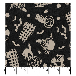 Introducing the Maywood Studios Pumpkin Grove SPOOKY FENCES BLACK/TAN MAS11181-JT Fabric Yardage by 47-EE Schenck! This charming fabric features a black background adorned with beige, Halloween-inspired motifs such as cats, bats, jack-o’-lanterns, cauldrons, leaves, and fences. The fabric is displayed with a ruler along the bottom for scale and is available to purchase by the yard. Plus, enjoy free shipping on your order!.