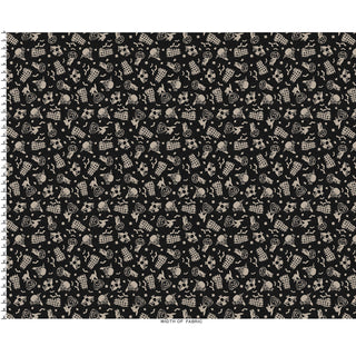 Maywood Studios Pumpkin Grove SPOOKY FENCES BLACK/TAN MAS11181-JT Fabric Yardage by 47-EE Schenck features a black background with an evenly spaced, diagonal pattern of small, tan kitchen utensils like whisks, rolling pins, measuring cups, and graters. Ideal for your next project, this fabric is available by the yard with free shipping.