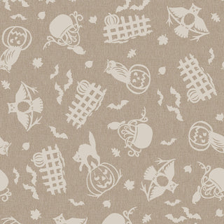 Certainly! Here’s a rewritten version using your product data: The Maywood Studios Pumpkin Grove SPOOKY FENCES TAN MAS11181-T fabric by 47-EE Schenck features a charming tan background decorated with whimsical white Halloween motifs, such as bats, cats, pumpkins, owls, leaves, and spiderwebs. Sold by the yard and eligible for free shipping.