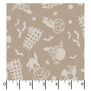 Maywood Studios Pumpkin Grove SPOOKY FENCES TAN MAS11181-T fabric by the yard from 47-EE Schenck features a tan background with cream Halloween motifs, including charming cats, bats, pumpkins, fences, and leaves—a whimsical design shown with a black centimeter ruler at the bottom edge for scale.