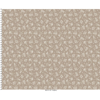 Maywood Studios Pumpkin Grove SPOOKY FENCES TAN MAS11181-T fabric by 47-EE Schenck features a tan background with a whimsical repeating pattern of white outlined knitting tools, yarn balls, and buttons. Rulers are shown on the top and left edges for scale. This charming fabric is ideal for crafters and makers who want to add a playful touch to their next project—available by the yard.
