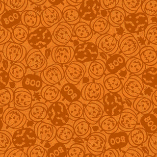 Sure! Here’s a revised sentence using your product data: Add a festive touch to your projects with the Maywood Studios Pumpkin Grove SPOOKY PUMPKINS ORANGE MAS11182-O fabric yardage by 47-EE Schenck, featuring jack-o’-lantern faces, bats, and “BOO” text on a textured orange background—available by the yard with free shipping.