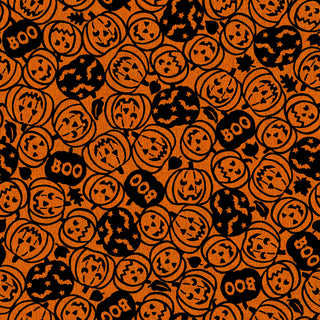 Showcase your next spooky project with the 47-EE Schenck Maywood Studios Pumpkin Grove SPOOKY PUMPKINS ORANGE/BLACK MAS11182-OJ Fabric Yardage! Featuring a dense, repeating pattern of black jack-o'-lantern faces, bats, stars, and the word "BOO" on an orange textured background—it's perfect for crafting darling creations by the yard. Enjoy free shipping on your order!.