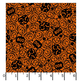 Add a festive touch to your next project with the "Maywood Studios Pumpkin Grove SPOOKY PUMPKINS ORANGE/BLACK MAS11182-OJ Fabric Yardage" by 47-EE Schenck. This bright orange fabric features a vivid repeating black pattern of jack-o’-lanterns, bats, stars, and the word “BOO.” Sold by the yard and including a handy ruler at the bottom marked in inches from 0 to 6, it’s perfect for all your Halloween creations.