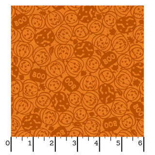 Brighten your next project with the Maywood Studios Pumpkin Grove SPOOKY PUMPKINS ORANGE MAS11182-O Fabric Yardage from 47-EE Schenck, featuring an orange background decorated with repeating jack-o'-lanterns, "BOO" text, and bats. A black inch ruler lines the bottom and left sides of the image for scale. Order this fabric by the yard and enjoy free shipping on your purchase.
