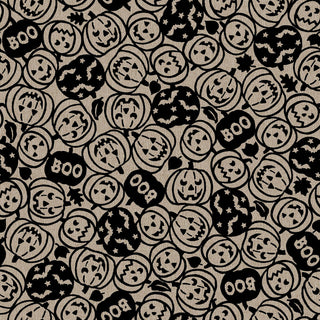 The Maywood Studios Pumpkin Grove SPOOKY PUMPKINS TAN/BLACK MAS11182-TJ Fabric Yardage by 47-EE Schenck features a seamless, festive pattern of black Halloween pumpkin faces, bats, leaves, and the word “BOO” on a tan textured background—perfect for creating darling projects by the yard. Enjoy free shipping on this charming seasonal fabric design.