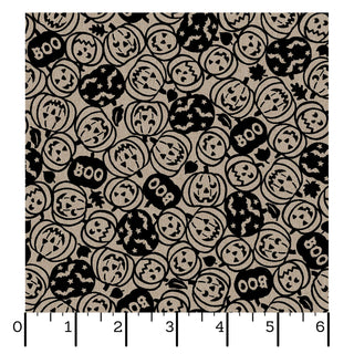Add a dash of Halloween charm to your next project with the Maywood Studios Pumpkin Grove SPOOKY PUMPKINS TAN/BLACK MAS11182-TJ fabric by 47-EE Schenck. This delightful fabric features a tan background decorated with black jack-o’-lanterns, bats, stars, and whimsical "BOO" text. Shown with a ruler displaying inches along the bottom edge for scale. Available as fabric by the yard with free shipping!.