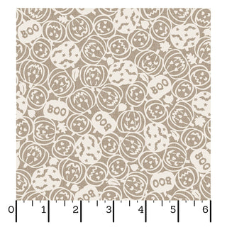 Maywood Studios Pumpkin Grove SPOOKY PUMPKINS TAN MAS11182-T Fabric Yardage by 47-EE Schenck features a beige background with a repeating pattern of jack-o’-lanterns, “BOO” text, stars, and bats. This delightful fabric is available by the yard and includes a ruler at the bottom to indicate the scale in inches.