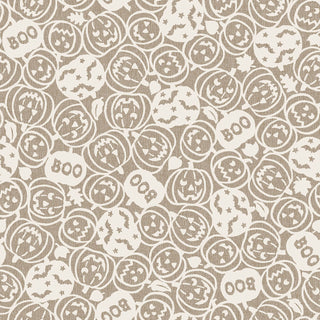 Discover the charming Maywood Studios Pumpkin Grove SPOOKY PUMPKINS TAN MAS11182-T Fabric Yardage by 47-EE Schenck, featuring a seamless design of carved jack-o'-lantern faces, “BOO” text, bats, and stars in sophisticated monochrome brown and beige tones—ideal for darling fabric projects or when you’re searching for Halloween-themed fabric by the yard.